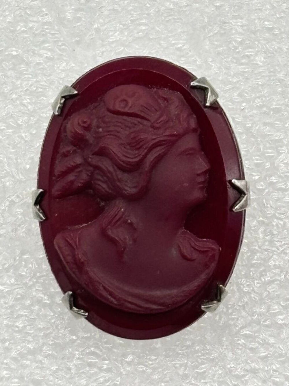 Vintage Cameo Brooch Carved Deep Wine Glass Sawtooth Prong Set in Sterling Frame